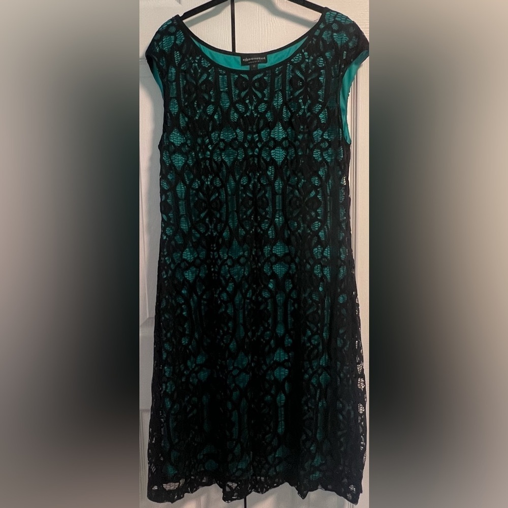 Connected Apparel Teal and Black Lace Dress